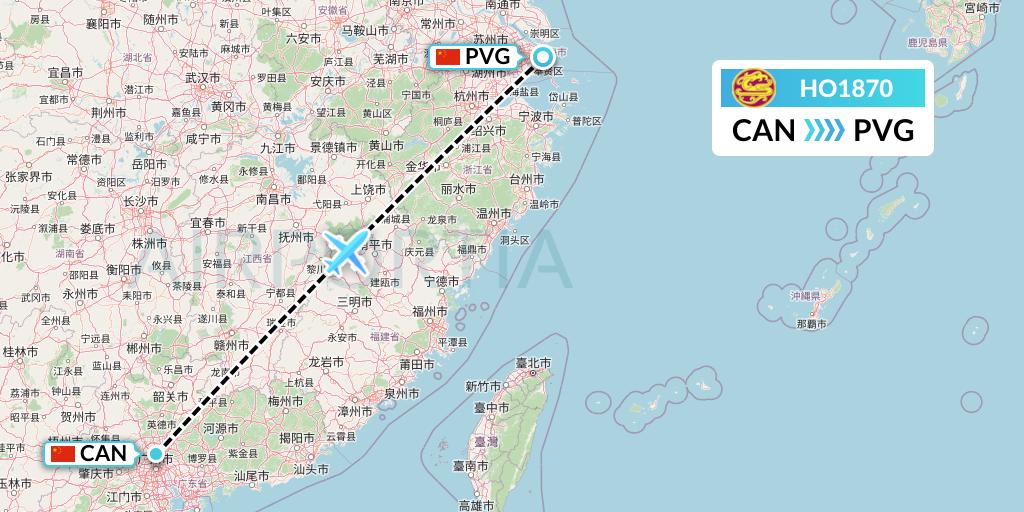 HO1870 Juneyao Airlines Flight Map: Guangzhou to Shanghai