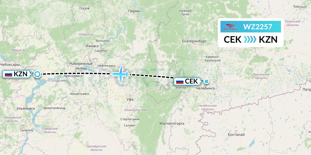 WZ2257 Red Wings Flight Map: Chelyabinsk to Kazan