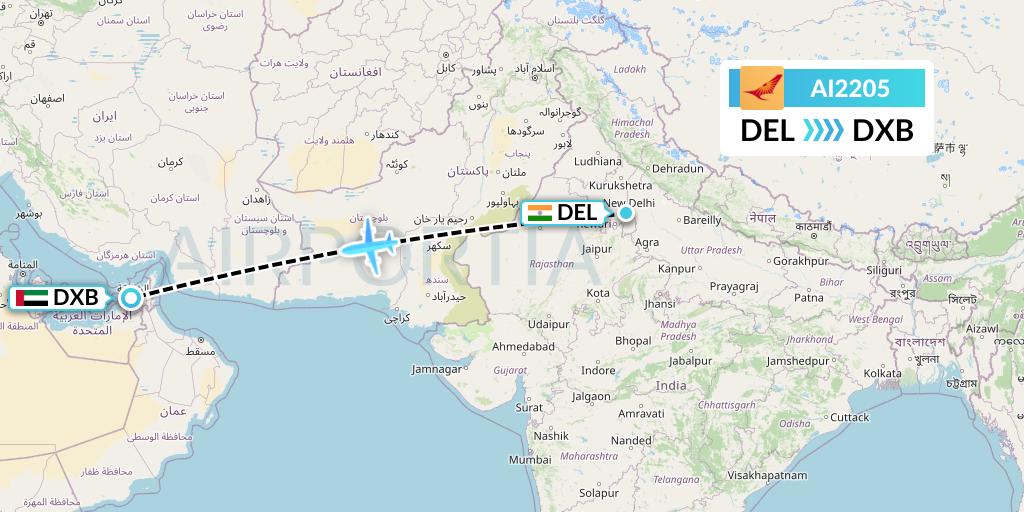 AI2205 Air India Flight Map: Delhi to Dubai