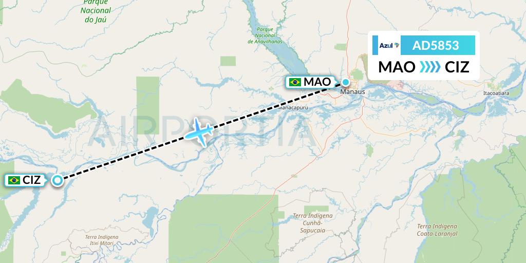 AD5853 Azul Brazilian Airlines Flight Map: Manaus to Coari