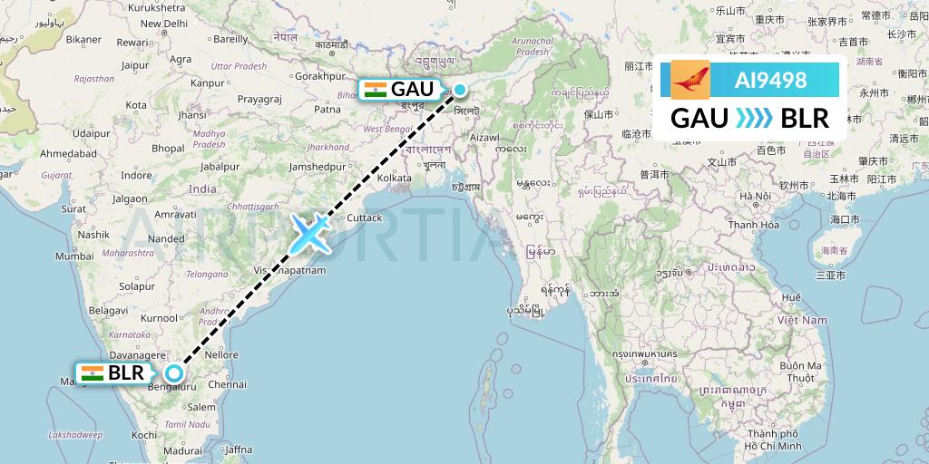 AI9498 Air India Flight Map: Guwahati to Bangalore