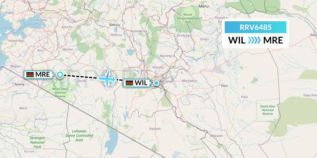 RRV6485 Mombasa Air Safari Flight Map: Nairobi to Mara Lodges