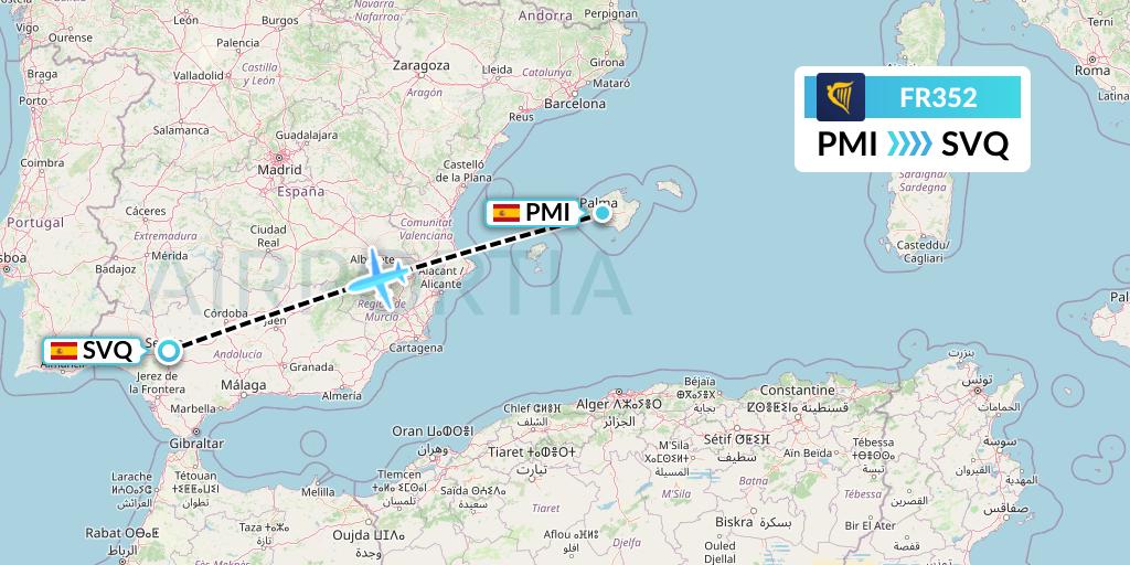 FR352 Ryanair Flight Map: Palma de Mallorca to Seville