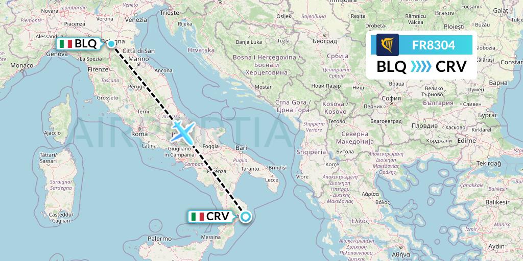 FR8304 Ryanair Flight Map: Bologna to Crotone