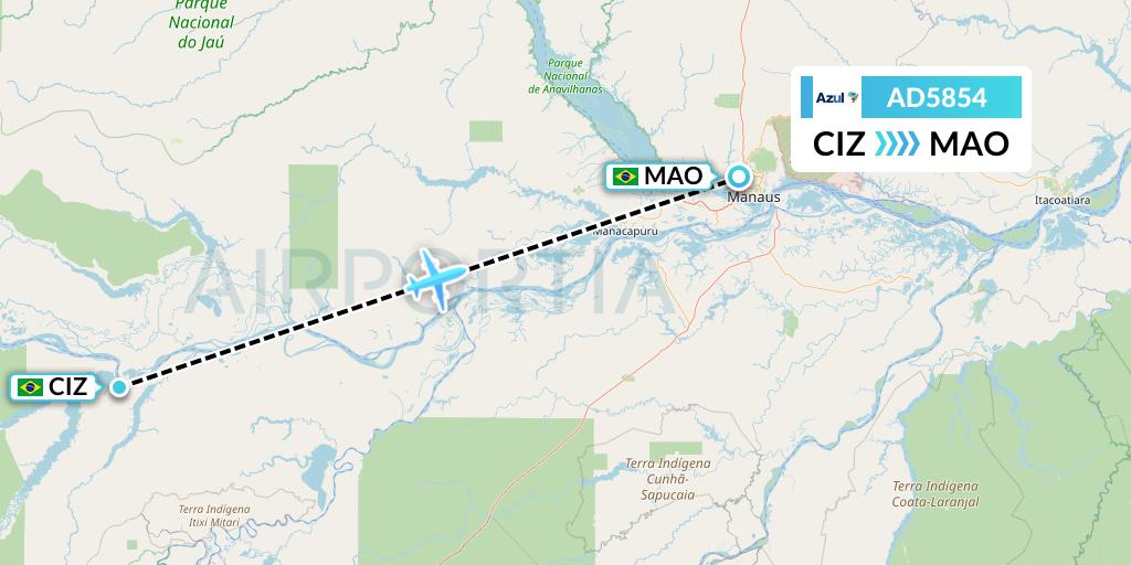 AD5854 Azul Brazilian Airlines Flight Map: Coari to Manaus