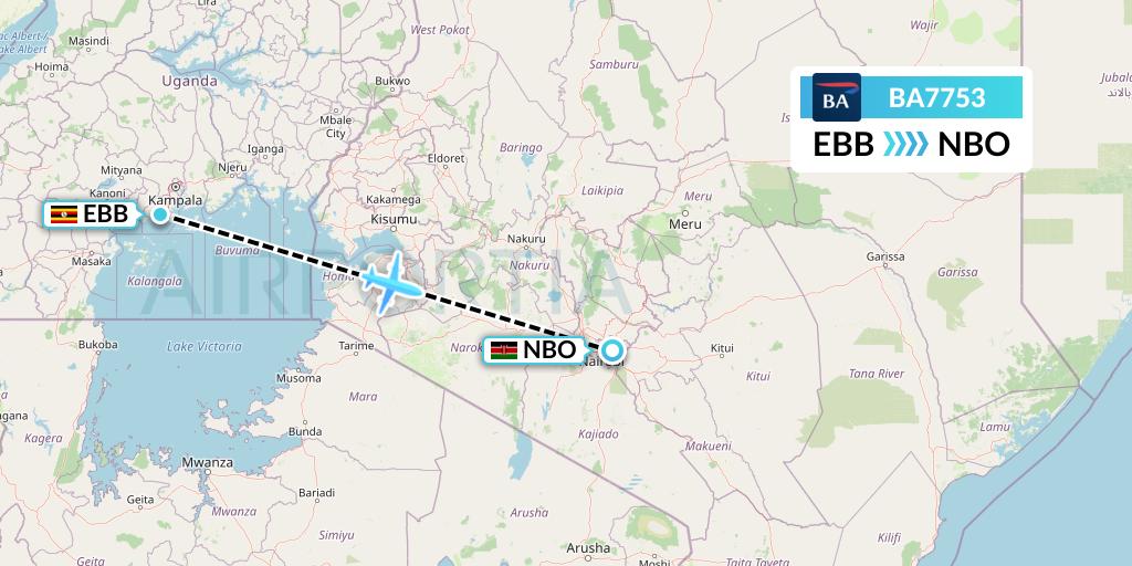BA7753 British Airways Flight Map: Entebbe to Nairobi