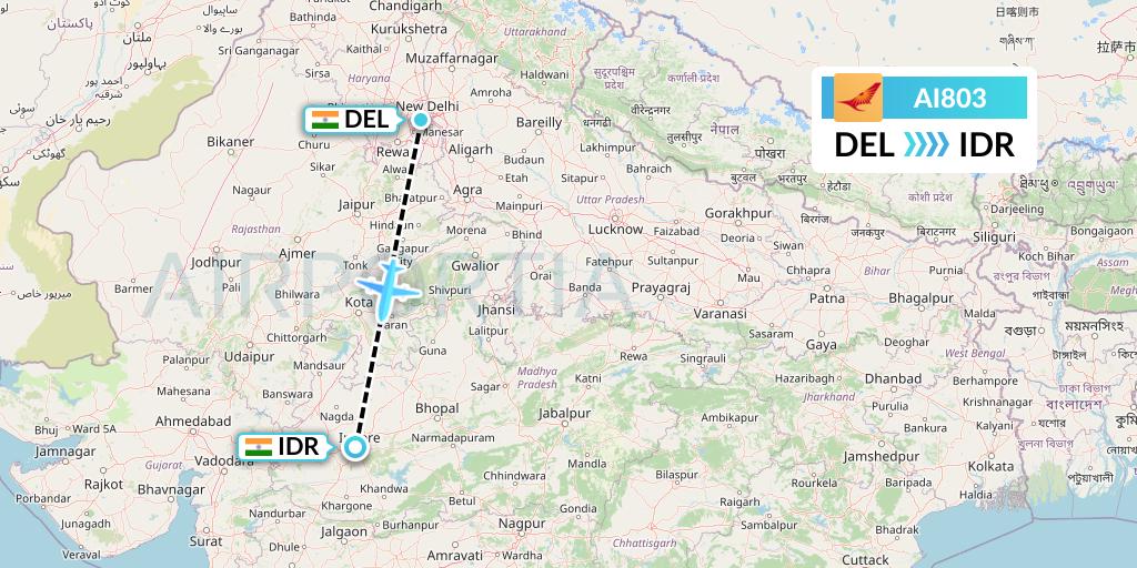 AI803 Air India Flight Map: Delhi to Indore