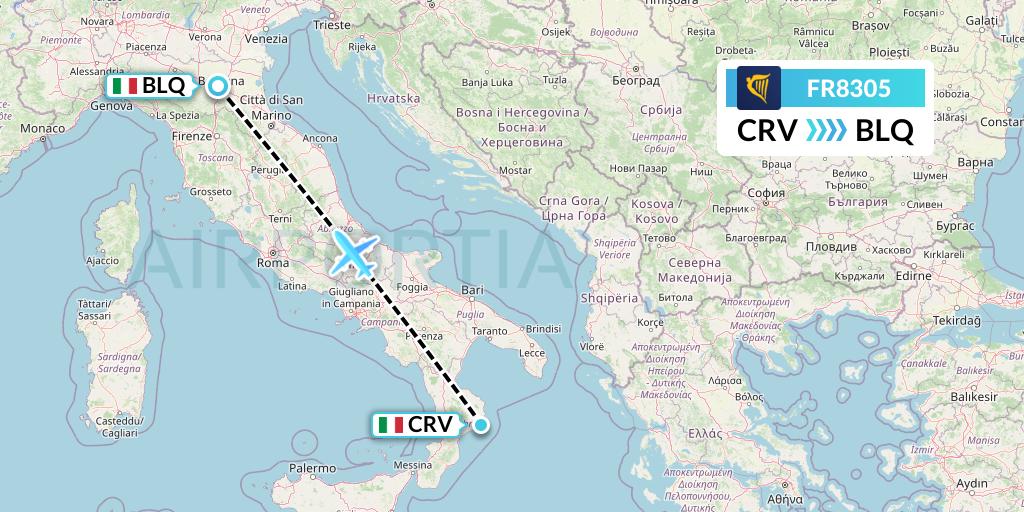 FR8305 Ryanair Flight Map: Crotone to Bologna