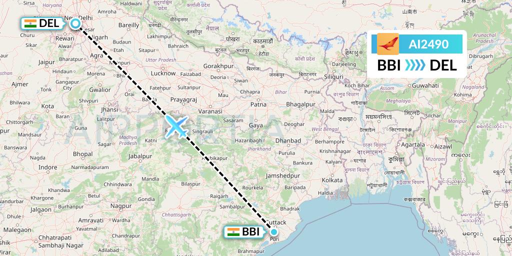 AI2490 Air India Flight Map: Bhubaneswar to Delhi