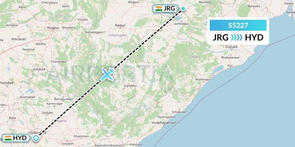 S5227 Star Air Flight Map: Ranchi to Hyderabad