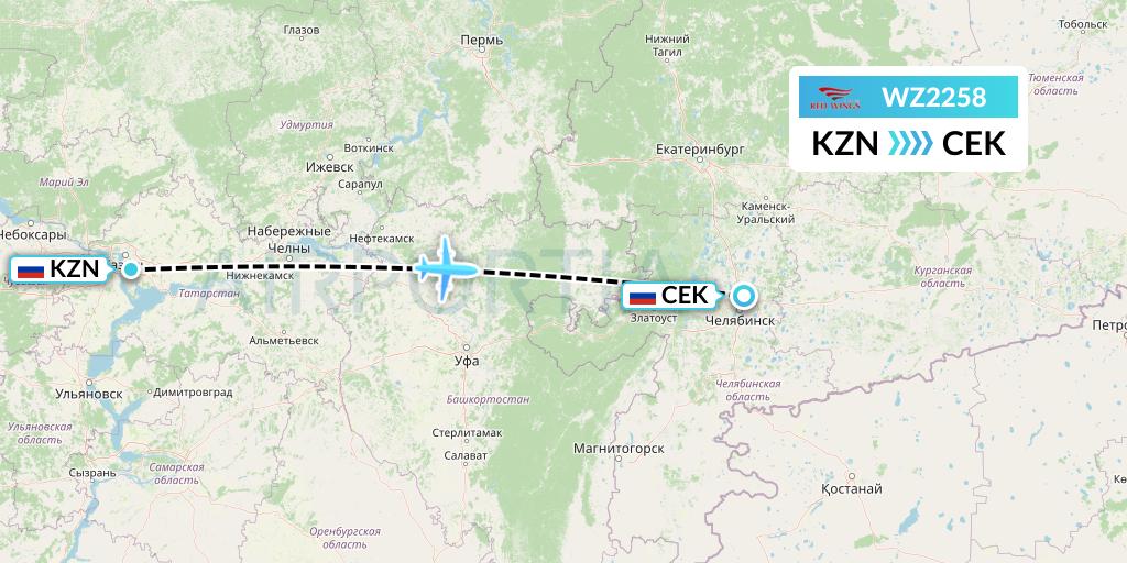 WZ2258 Red Wings Flight Map: Kazan to Chelyabinsk