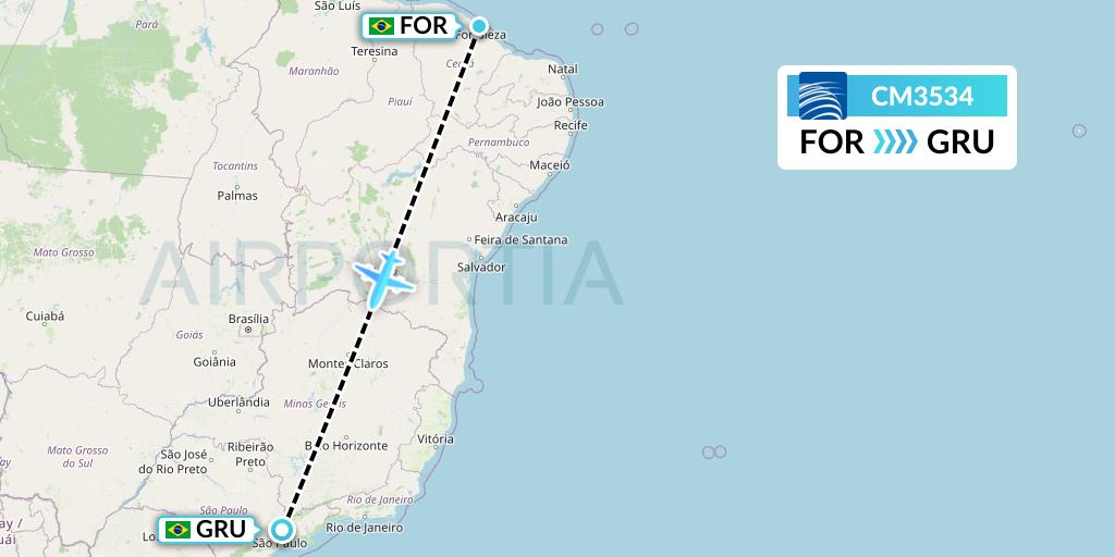 CM3534 Copa Airlines Flight Map: Fortaleza to Sao Paulo