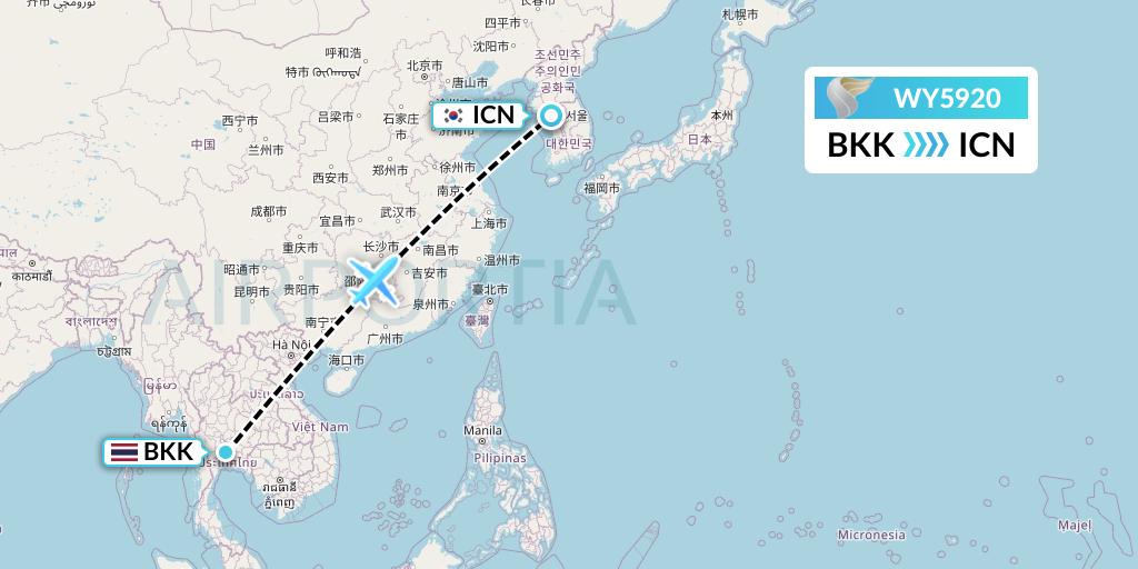 WY5920 Oman Air Flight Map: Bangkok to Seoul