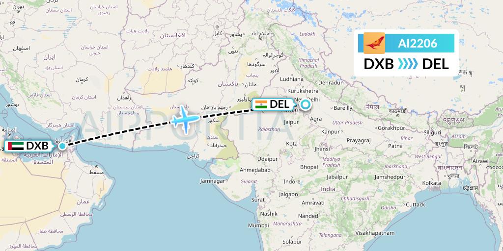 AI2206 Air India Flight Map: Dubai to Delhi