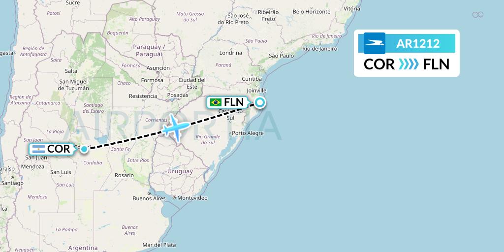 AR1212 Aerolineas Argentinas Flight Map: Cordoba to Florianopolis