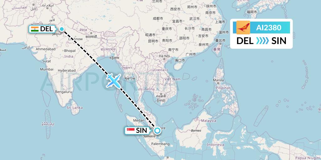 AI2380 Air India Flight Map: Delhi to Singapore