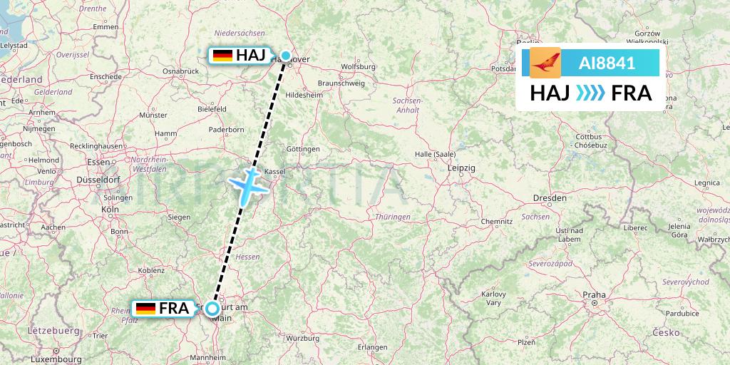 AI8841 Air India Flight Map: Hannover to Frankfurt