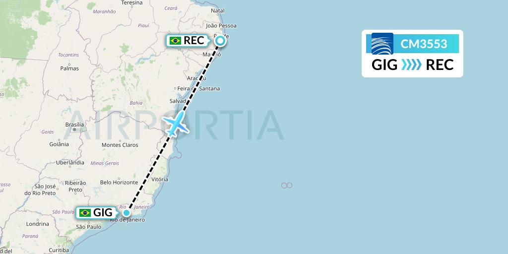 CM3553 Copa Airlines Flight Map: Rio de Janeiro to Recife
