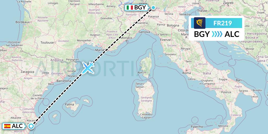 FR219 Ryanair Flight Map: Milan to Alicante
