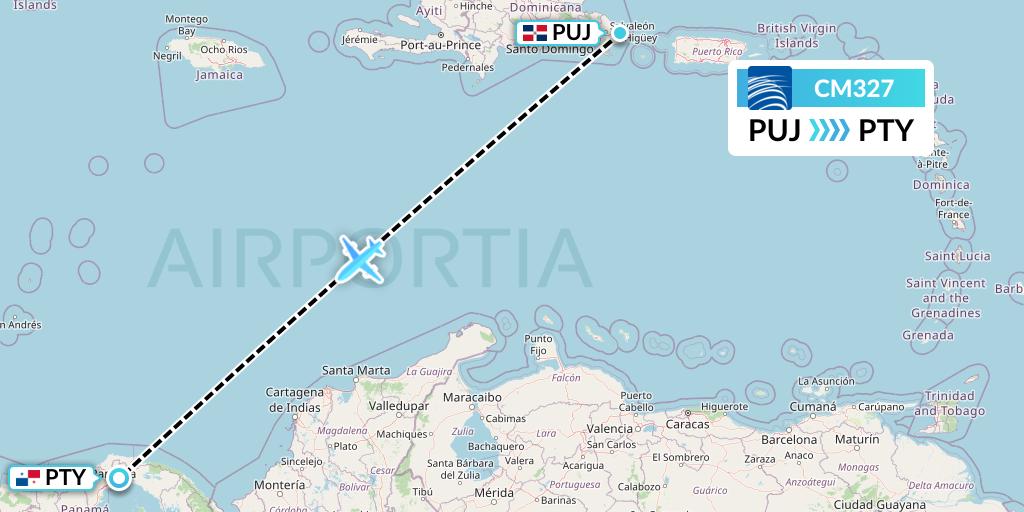 CM327 Copa Airlines Flight Map: Punta Cana to Panama City
