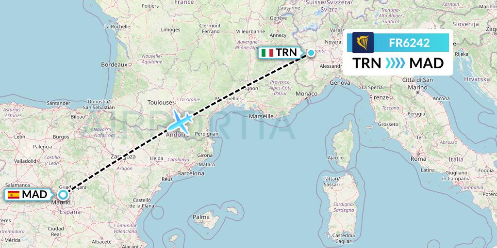 FR6242 Ryanair Flight Map: Turin to Madrid