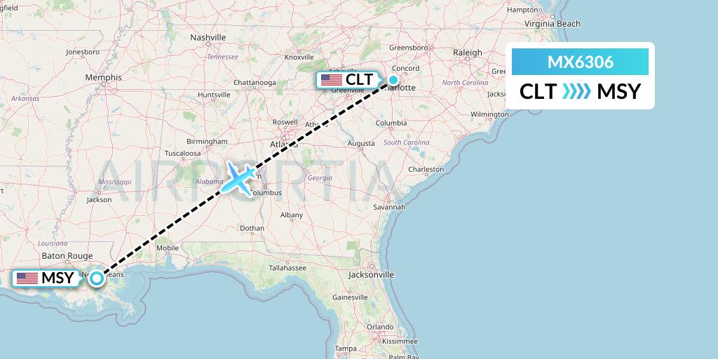 MX6306 Breeze Airways Flight Map: Charlotte to New Orleans