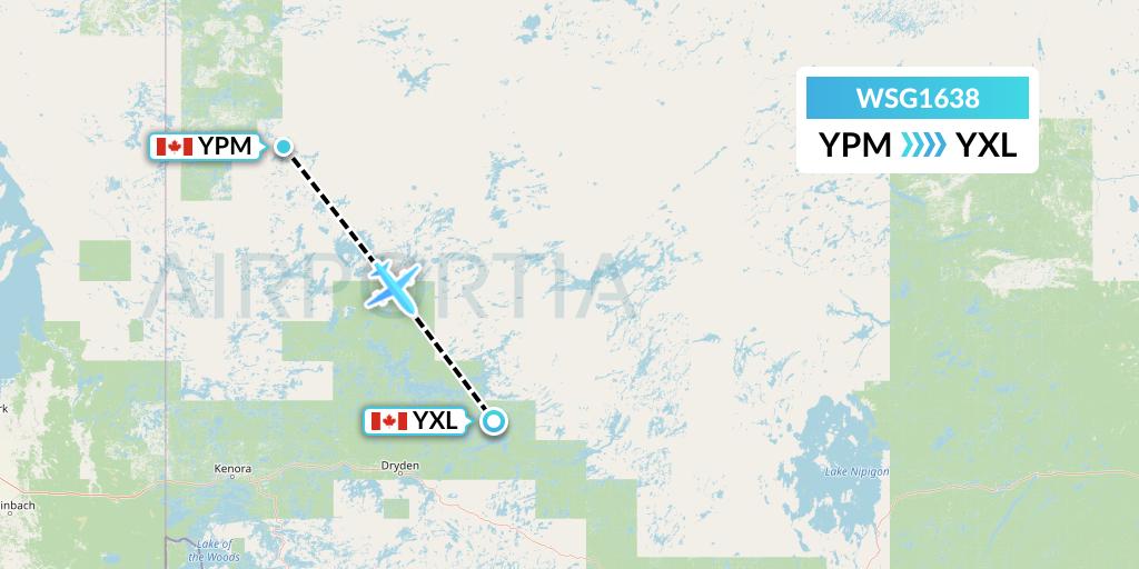 WSG1638 Wasaya Airways Flight Map: Pikangikum to Sioux Lookout