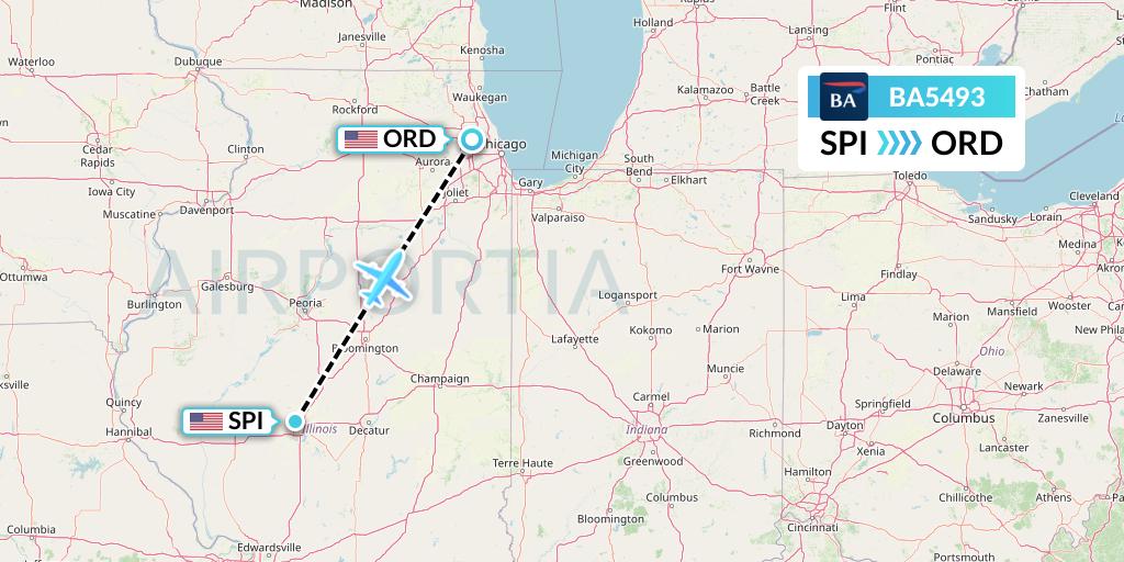 BA5493 British Airways Flight Map: Springfield to Chicago