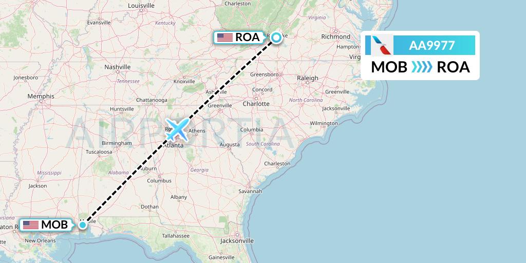 AA9977 American Airlines Flight Map: Mobile to Roanoke