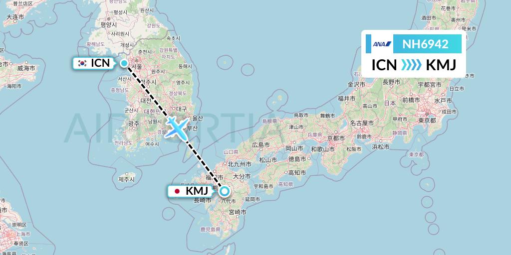 NH6942 All Nippon Airways Flight Map: Seoul to Kumamoto