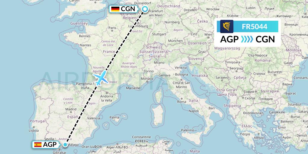 FR5044 Ryanair Flight Map: Malaga to Cologne