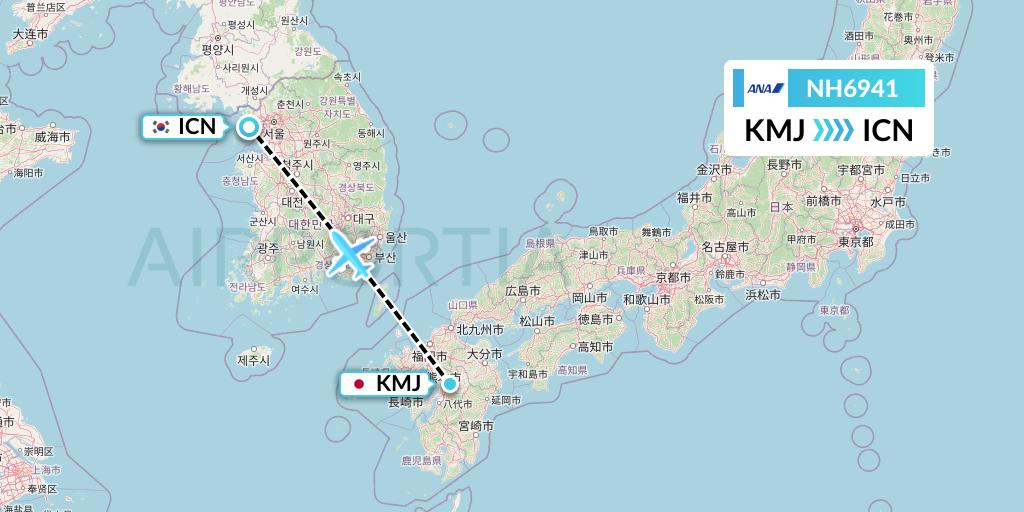 NH6941 All Nippon Airways Flight Map: Kumamoto to Seoul