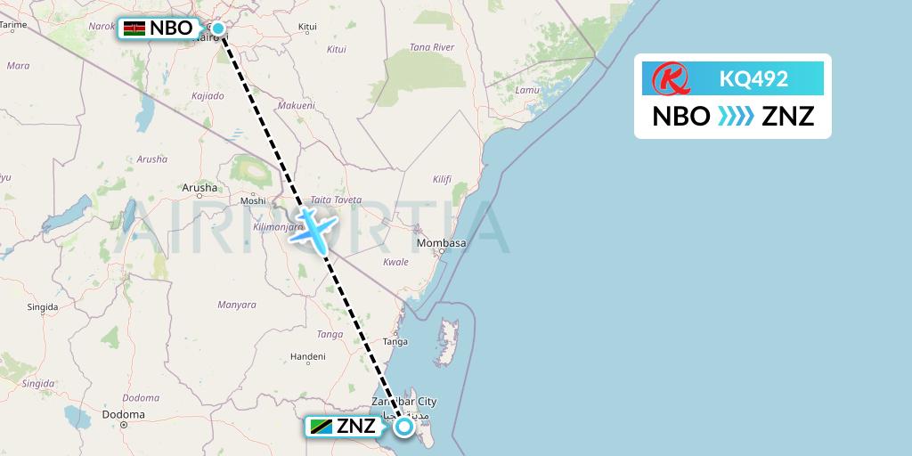 KQ492 Kenya Airways Flight Map: Nairobi to Zanzibar