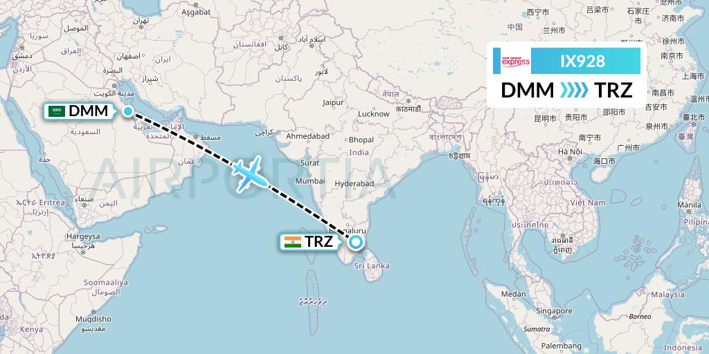 IX928 Air India Express Flight Map: Dammam to Tiruchirapalli