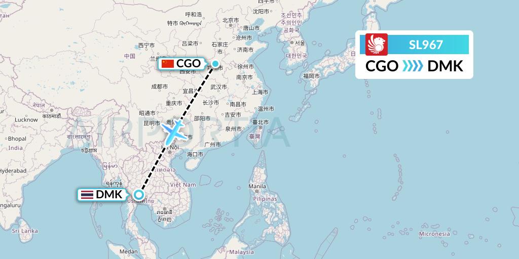 SL967 Thai Lion Air Flight Map: Zhengzhou to Bangkok