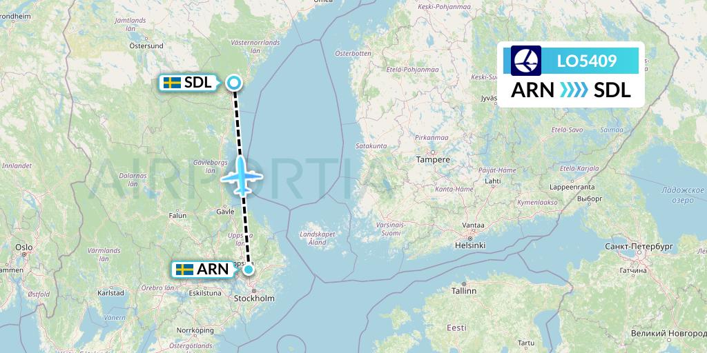 LO5409 LOT Flight Map: Stockholm to Sundsvall