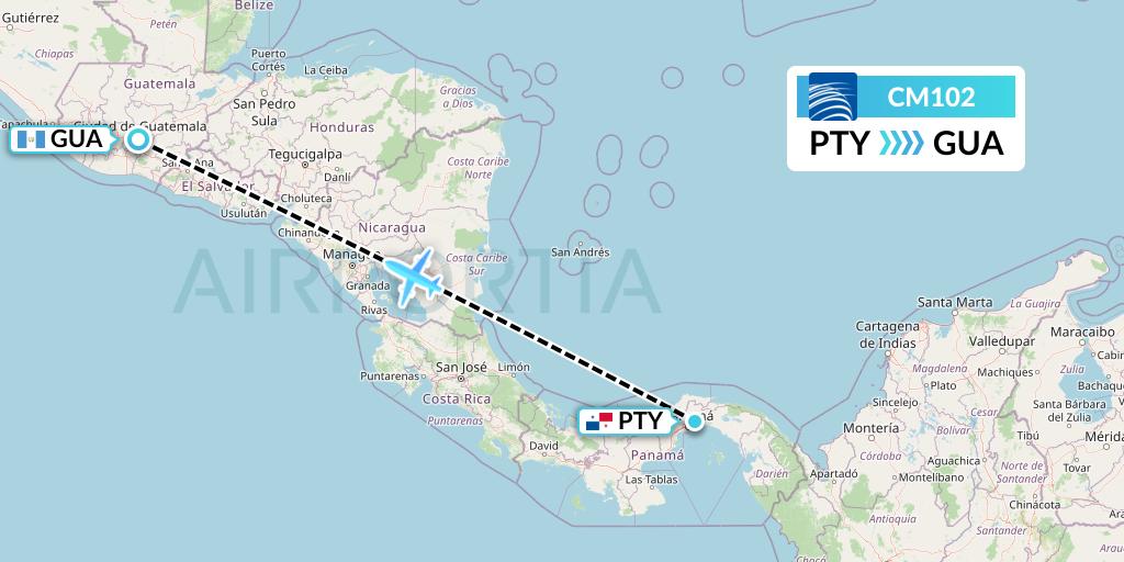 CM102 Copa Airlines Flight Map: Panama City to Guatemala City