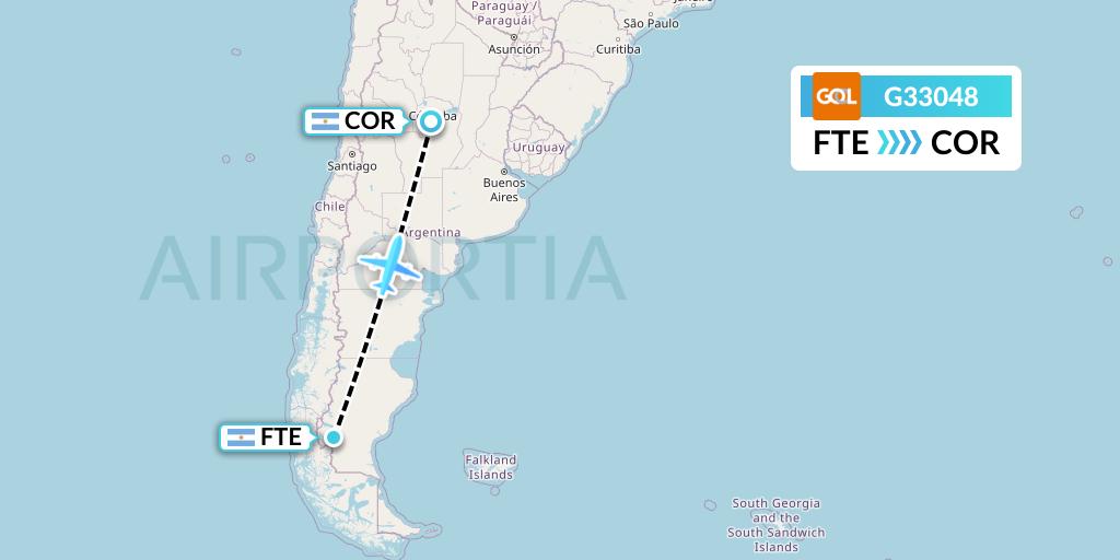 G33048 GOL Transportes Aeros Flight Map: El Calafate to Cordoba