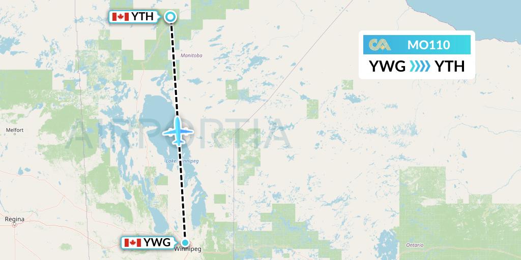 MO110 Calm Air Flight Map: Winnipeg to Thompson