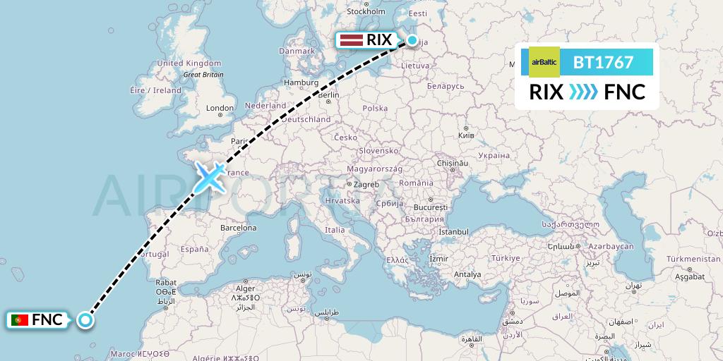 BT1767 Air Baltic Flight Map: Riga to Funchal