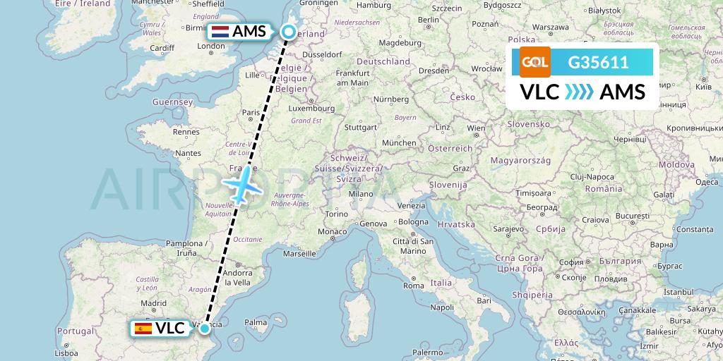 G35611 GOL Transportes Aeros Flight Map: Valencia to Amsterdam