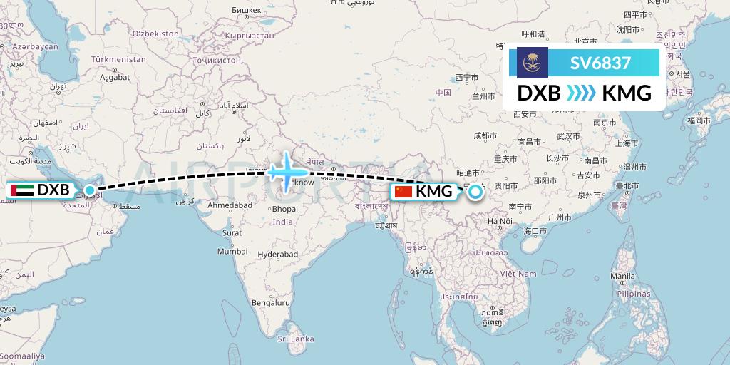 SV6837 Saudi Arabian Airlines Flight Map: Dubai to Kunming