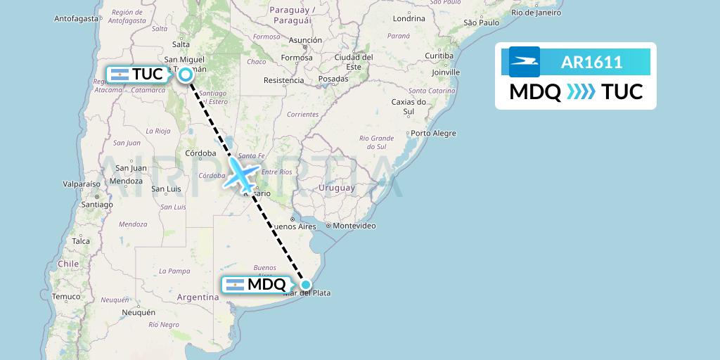 AR1611 Aerolineas Argentinas Flight Map: Mar del Plata to Tucuman