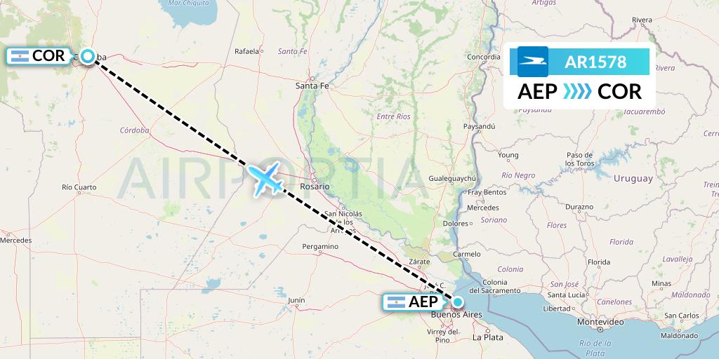 AR1578 Aerolineas Argentinas Flight Map: Buenos Aires to Cordoba
