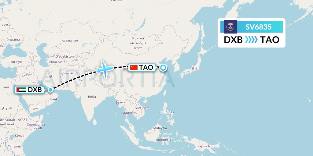 SV6835 Saudi Arabian Airlines Flight Map: Dubai to Qingdao