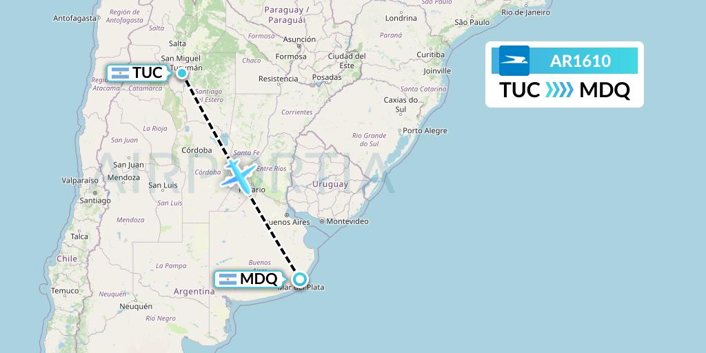 AR1610 Aerolineas Argentinas Flight Map: Tucuman to Mar del Plata