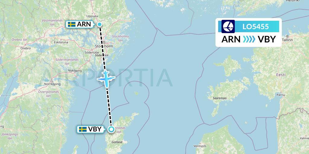 LO5455 LOT Flight Map: Stockholm to Visby