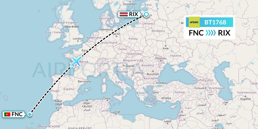BT1768 Air Baltic Flight Map: Funchal to Riga
