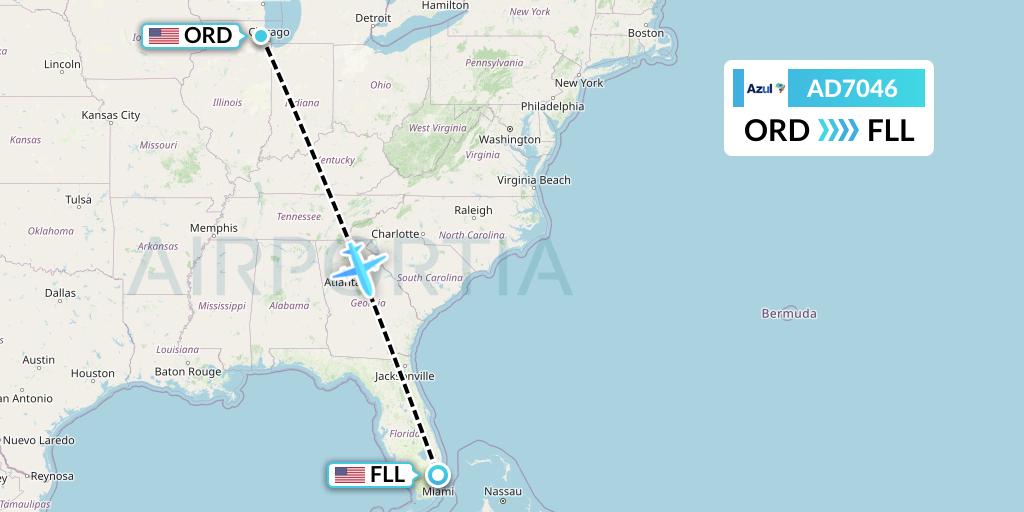 AD7046 Azul Brazilian Airlines Flight Map: Chicago to Fort Lauderdale