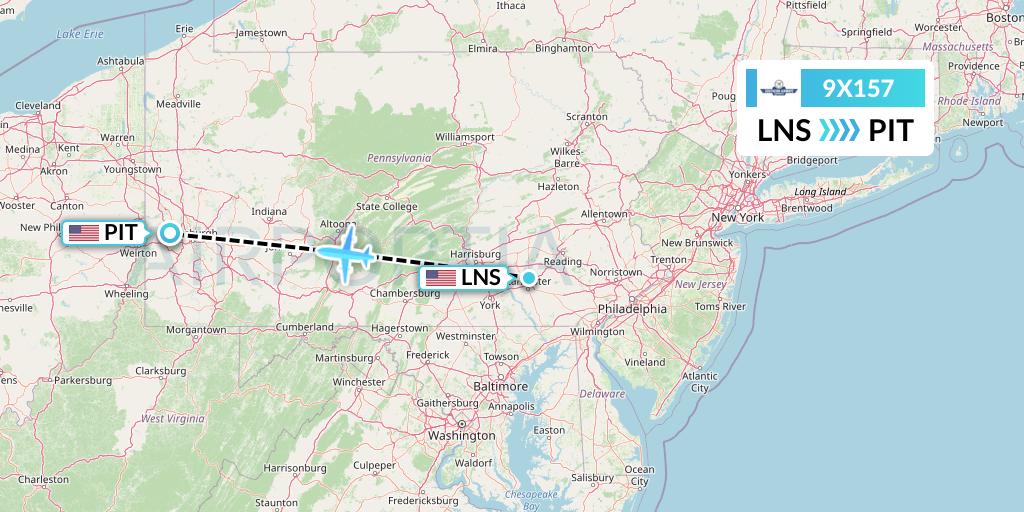 9X157 Southern Airways Express Flight Map: Lancaster to Pittsburgh